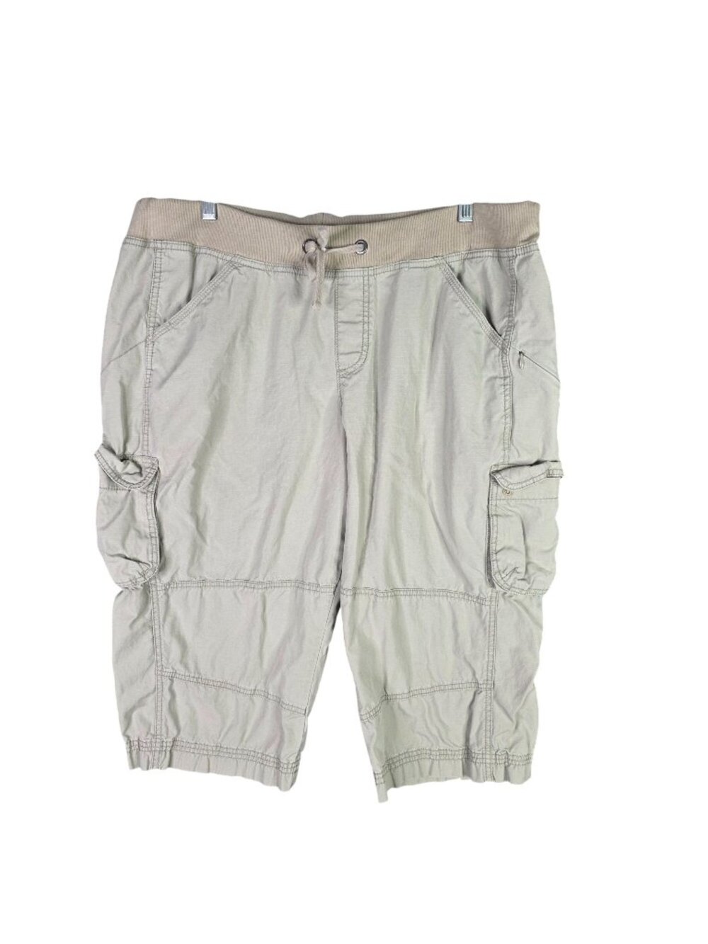 Womens Cabelas Beige Cargo Capris 100% Cotton Elastic Waistband Drawstring XL